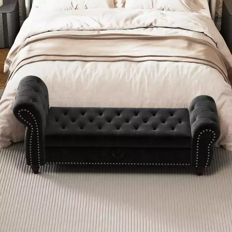 Banc de rangement en velours capitonné avec accoudoirs courbés de 164 cm - Noir