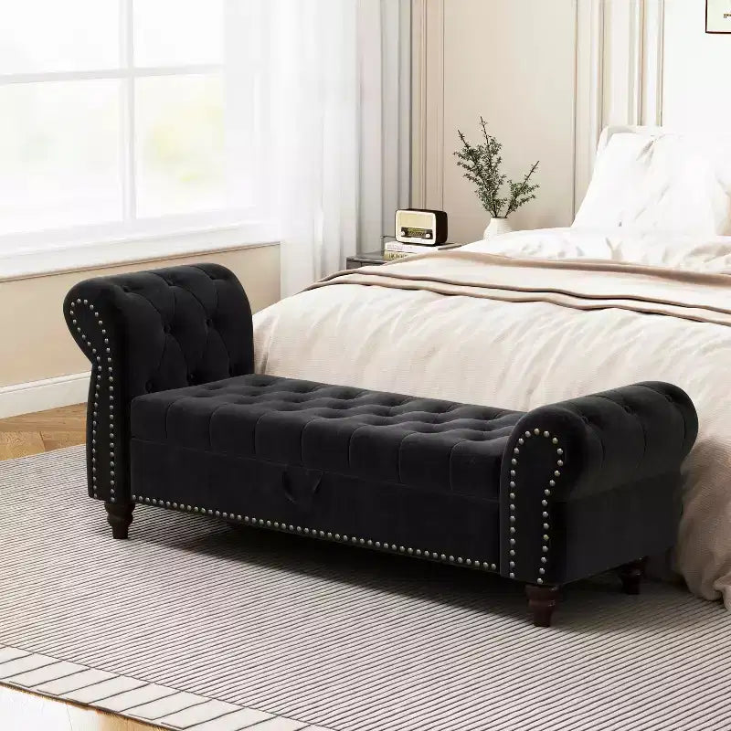 Banc de rangement en velours capitonné avec accoudoirs courbés de 164 cm - Noir