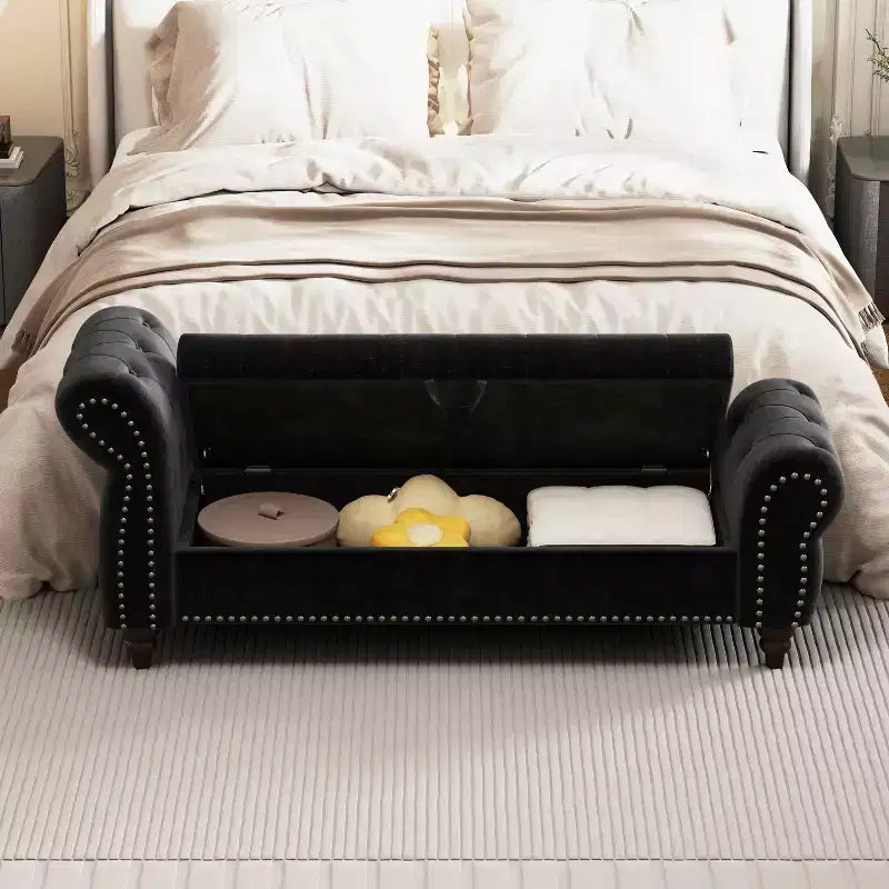 Banc de rangement en velours capitonné avec accoudoirs courbés de 164 cm - Noir