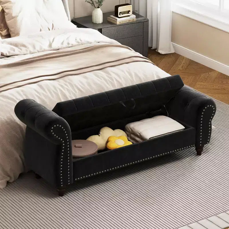 Banc de rangement en velours capitonné avec accoudoirs courbés de 164 cm - Noir