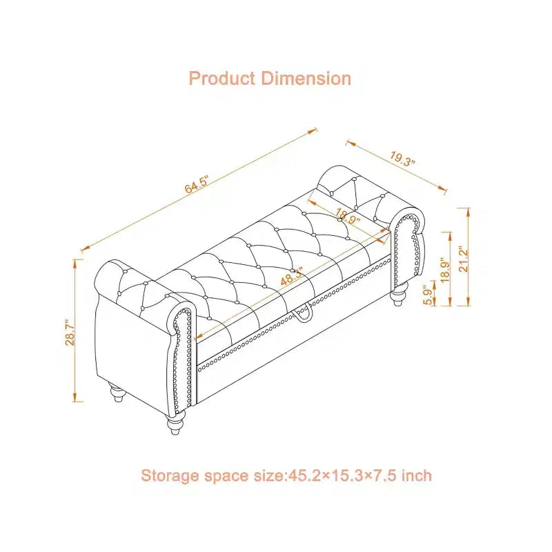 Banc de rangement en velours capitonné avec accoudoirs courbés de 164 cm - Noir
