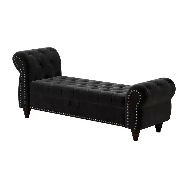 Banc de rangement en velours capitonné avec accoudoirs courbés de 164 cm - Noir