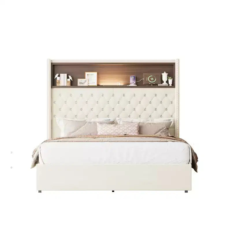 Cadre de lit plateforme capitonné en velours, taille Full/Queen, avec port USB et veilleuse, lit plateforme à dossier incurvé avec tête de lit décorée de rivets et étagère