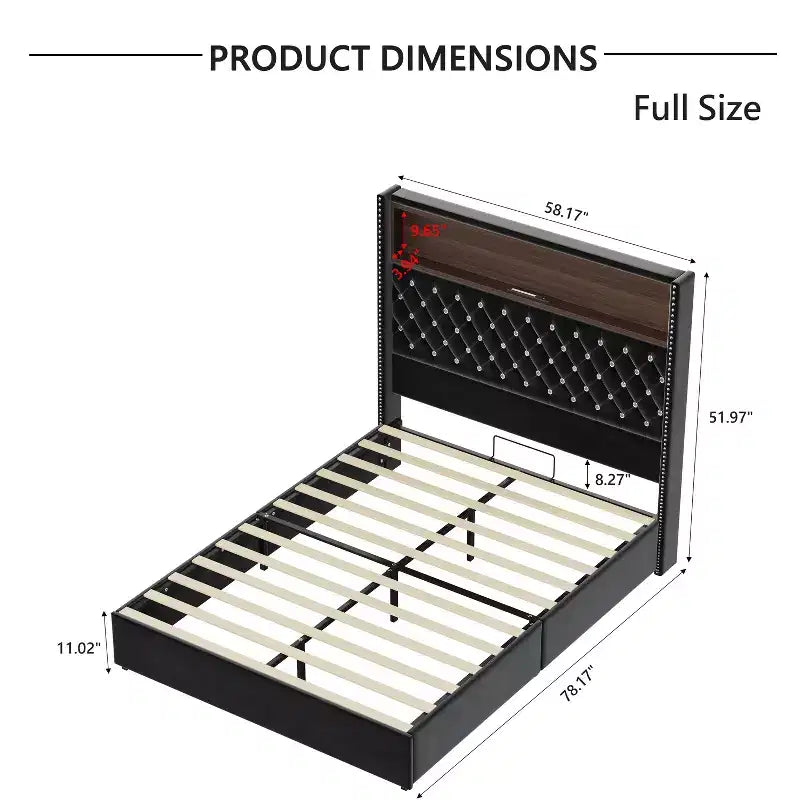 Cadre de lit plateforme capitonné en velours, taille Full/Queen, avec port USB et veilleuse, lit plateforme à dossier incurvé avec tête de lit décorée de rivets et étagère