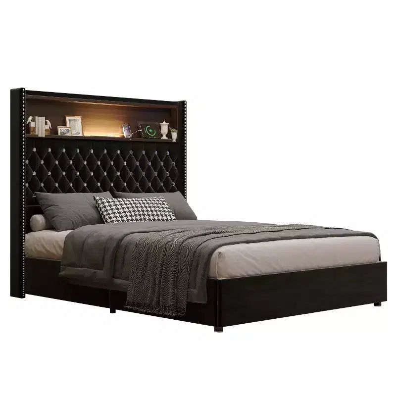 Cadre de lit plateforme capitonné en velours, taille Full/Queen, avec port USB et veilleuse, lit plateforme à dossier incurvé avec tête de lit décorée de rivets et étagère