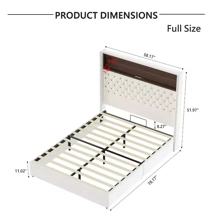 Cadre de lit plateforme capitonné en velours, taille Full/Queen, avec port USB et veilleuse, lit plateforme à dossier incurvé avec tête de lit décorée de rivets et étagère