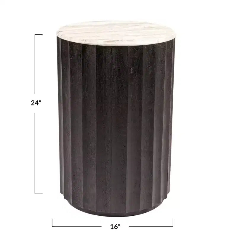 Table d'appoint cannelée en bois de manguier rond avec plateau en marbre, finition noire