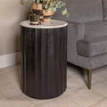 Table d'appoint cannelée en bois de manguier rond avec plateau en marbre, finition noire