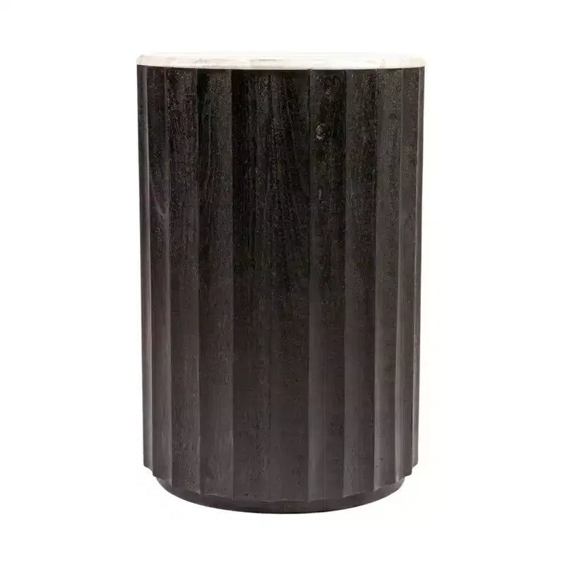 Table d'appoint cannelée en bois de manguier rond avec plateau en marbre, finition noire