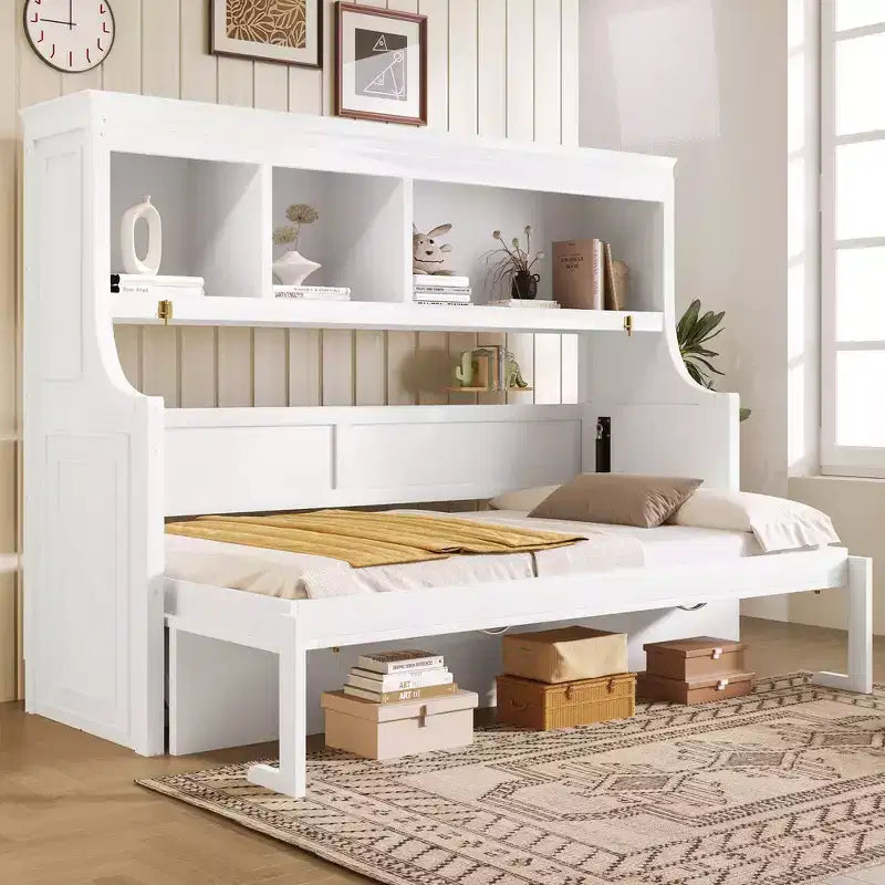 Lit escamotable pour jumeaux avec bureau intégré et étagères de rangement