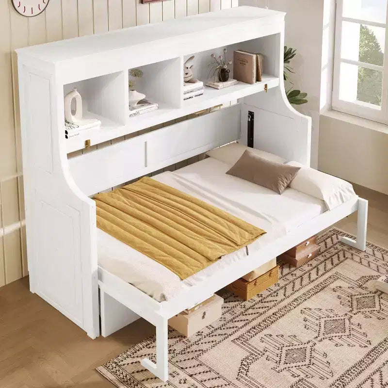 Lit escamotable pour jumeaux avec bureau intégré et étagères de rangement