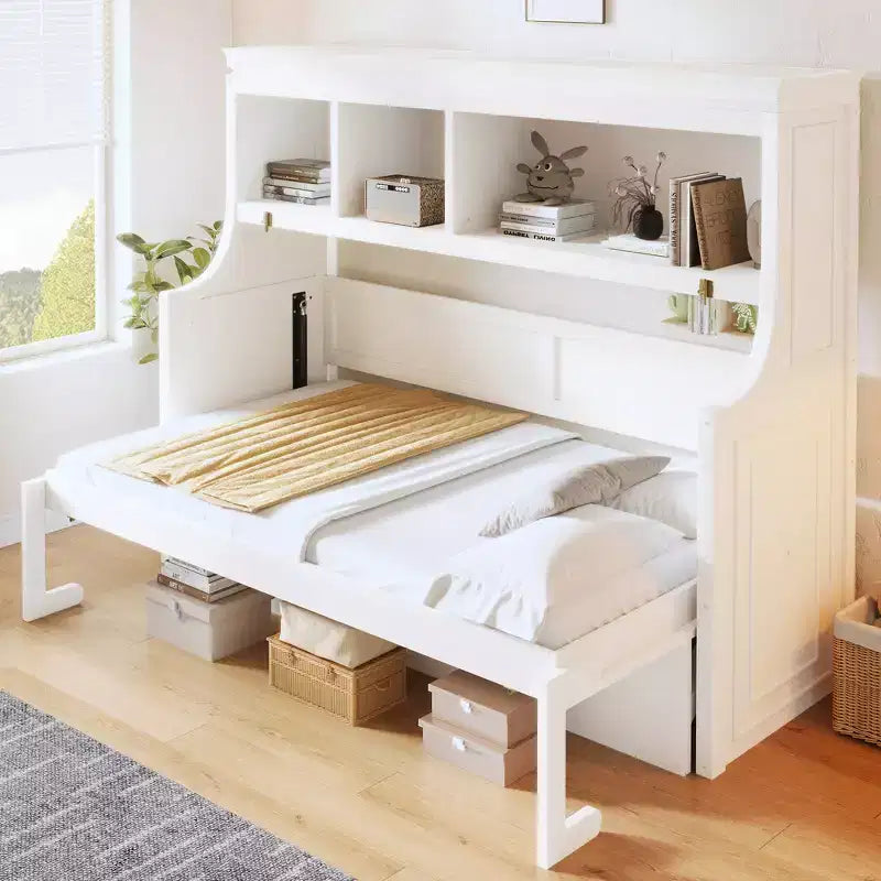 Lit escamotable pour jumeaux avec bureau intégré et étagères de rangement