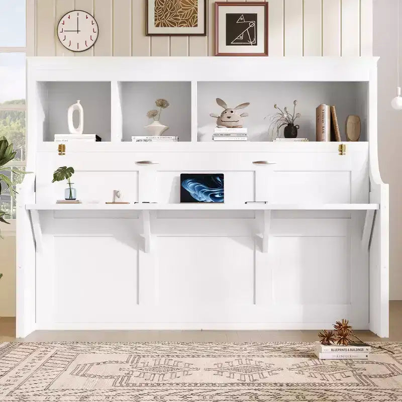Lit escamotable pour jumeaux avec bureau intégré et étagères de rangement