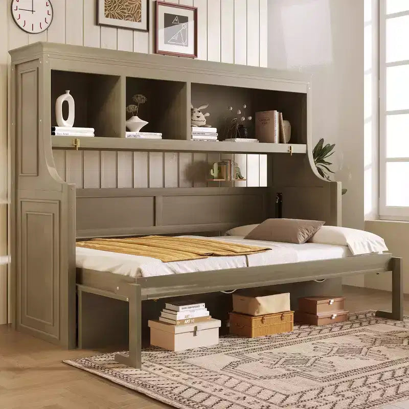 Lit escamotable pour jumeaux avec bureau intégré et étagères de rangement