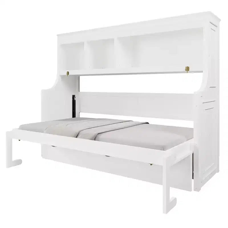 Lit escamotable pour jumeaux avec bureau intégré et étagères de rangement
