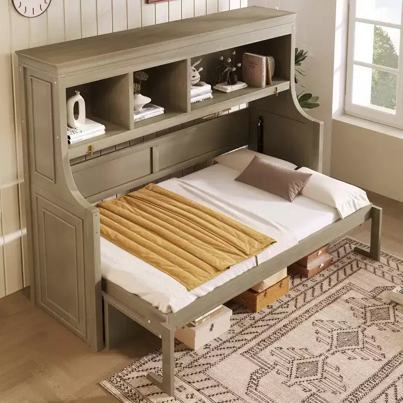Lit escamotable pour jumeaux avec bureau intégré et étagères de rangement