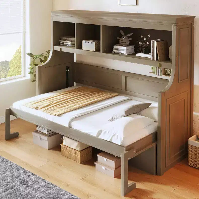 Lit escamotable pour jumeaux avec bureau intégré et étagères de rangement