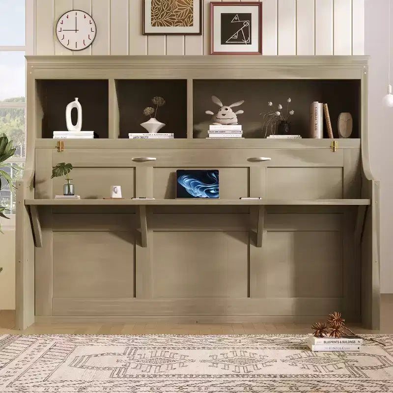 Lit escamotable pour jumeaux avec bureau intégré et étagères de rangement