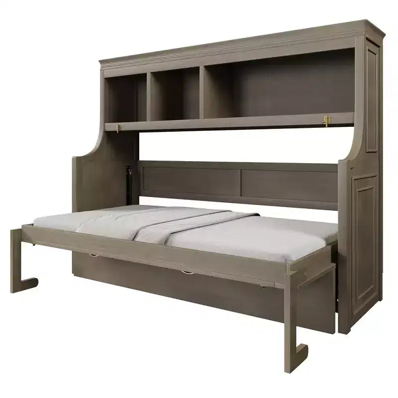 Lit escamotable pour jumeaux avec bureau intégré et étagères de rangement