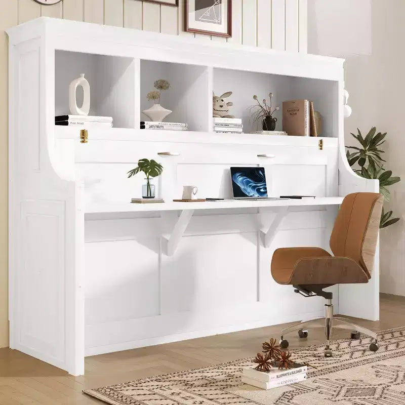 Lit escamotable pour jumeaux avec bureau intégré et étagères de rangement