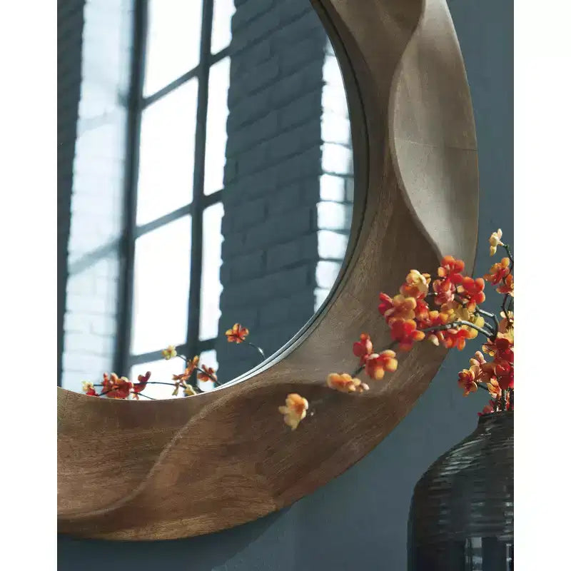 Miroir décoratif mural rond avec cadre marron motif vague - 91 cm