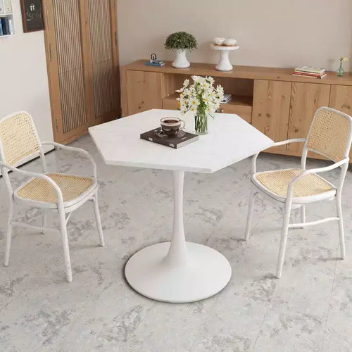 Table basse hexagonale moderne de 80 cm – Plateau effet marbre blanc, piètement en métal