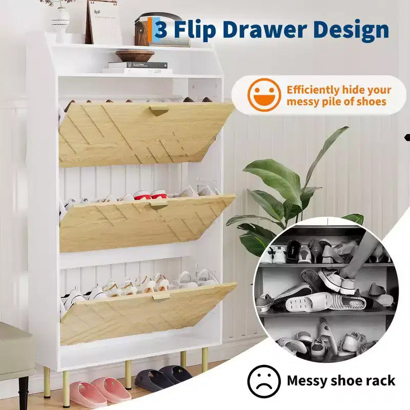 Meuble à chaussures, Meuble d'entrée 57H, 3 tiroirs basculants, mince, blanc et bois, organisateur de rangement dissimulé pour couloir