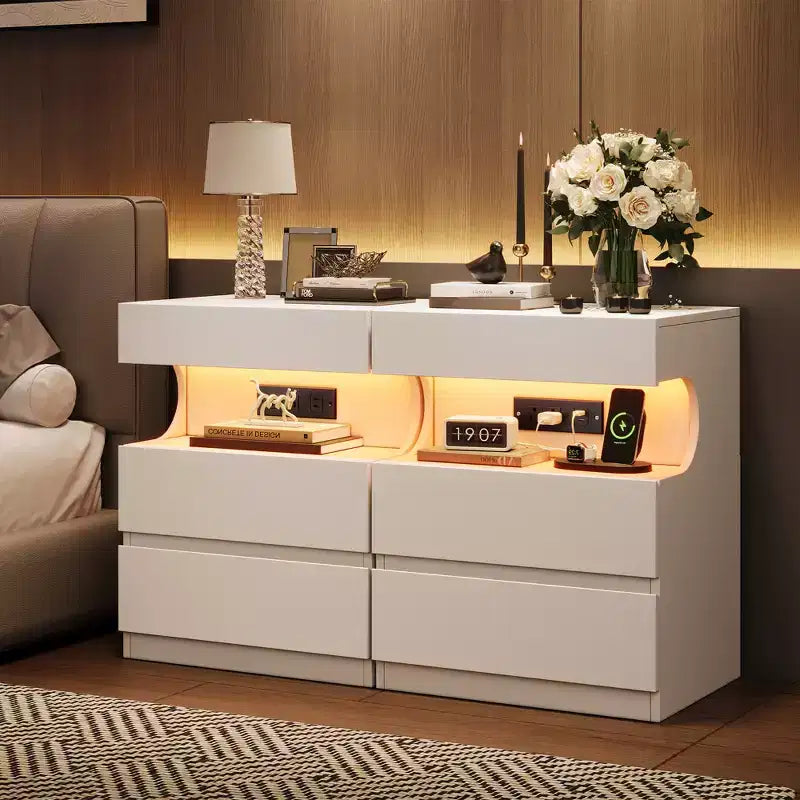 Table de chevet moderne avec LED contrôlée par application, 3 tiroirs et station de charge - Blanc