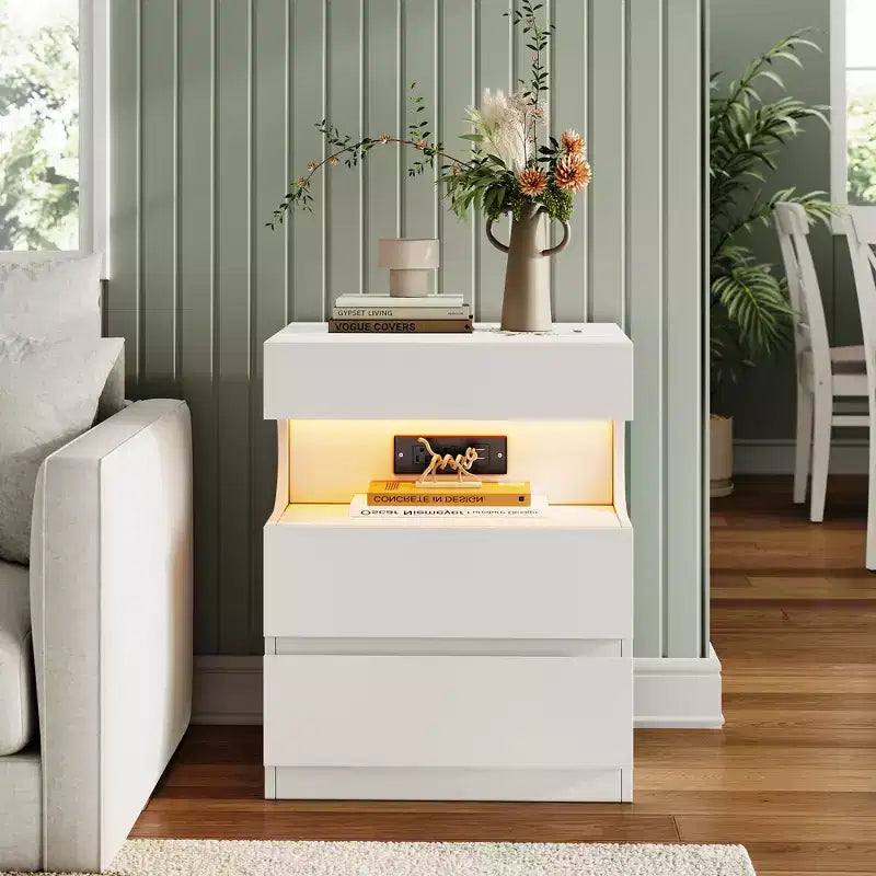 Table de chevet moderne avec LED contrôlée par application, 3 tiroirs et station de charge - Blanc