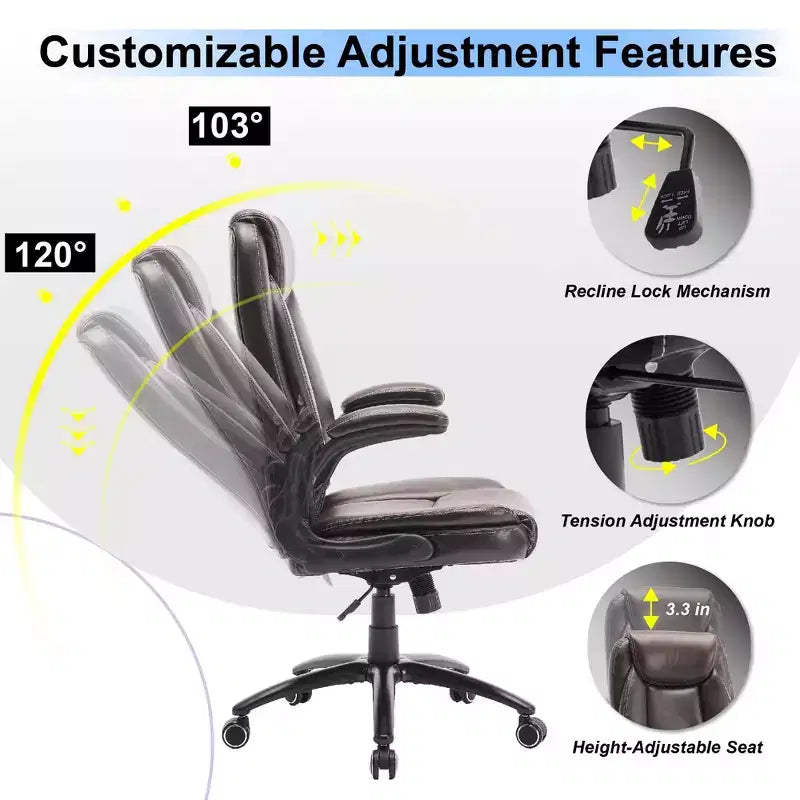 Fauteuil de bureau en cuir grande taille avec accoudoirs relevables et inclinaison réglable