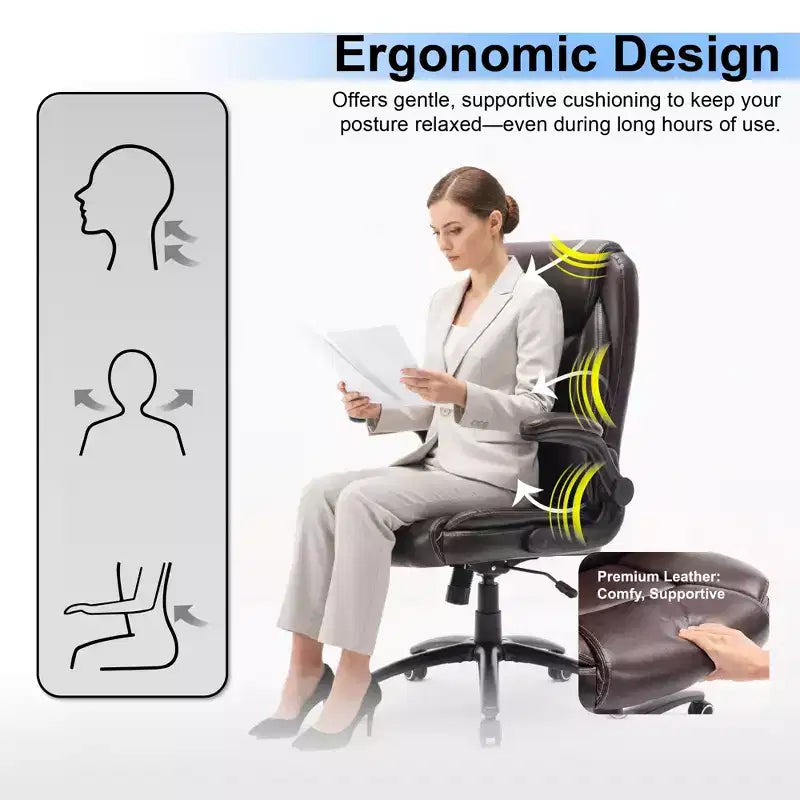 Fauteuil de bureau en cuir grande taille avec accoudoirs relevables et inclinaison réglable