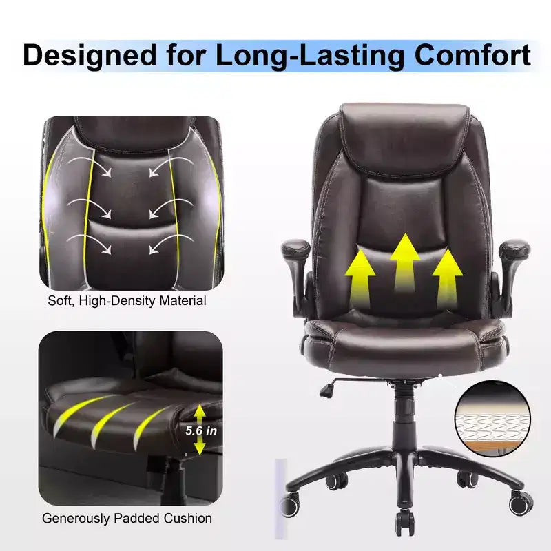 Fauteuil de bureau en cuir grande taille avec accoudoirs relevables et inclinaison réglable