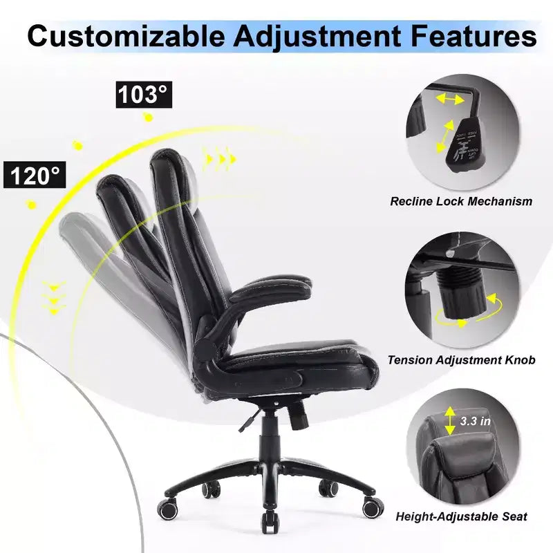 Fauteuil de bureau en cuir grande taille avec accoudoirs relevables et inclinaison réglable