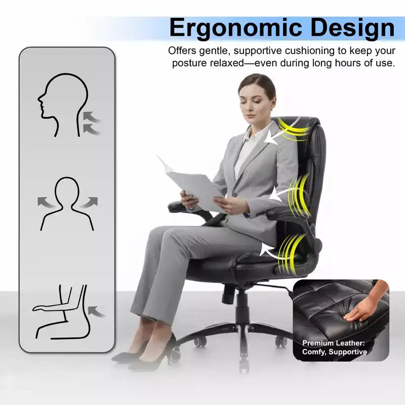 Fauteuil de bureau en cuir grande taille avec accoudoirs relevables et inclinaison réglable