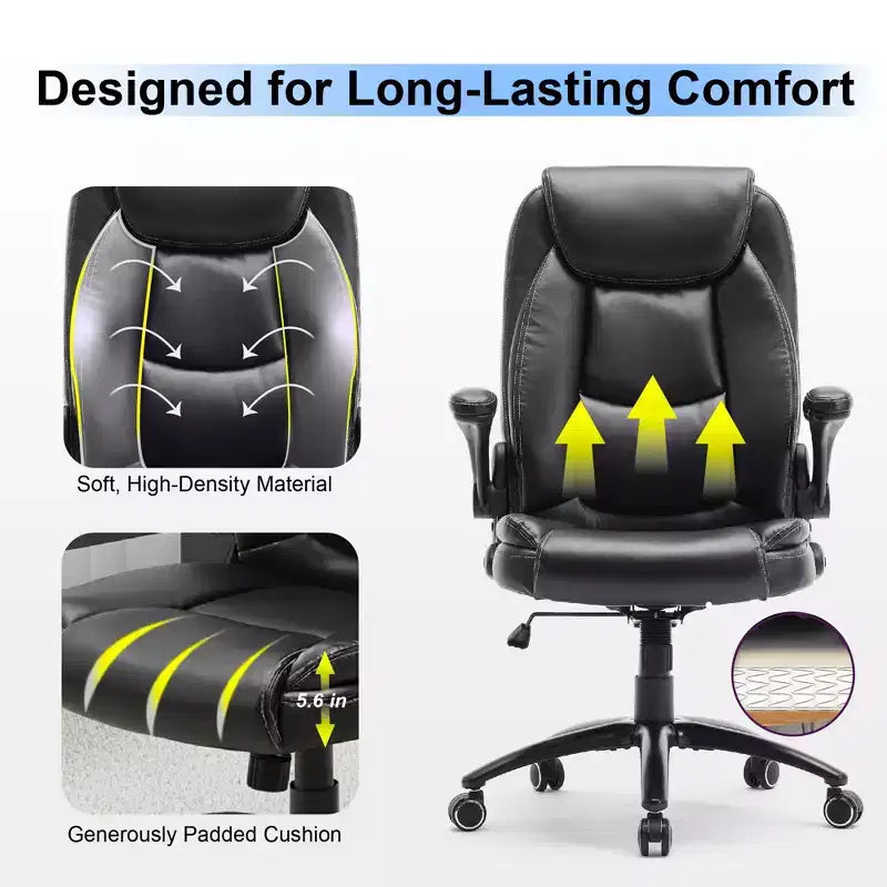 Fauteuil de bureau en cuir grande taille avec accoudoirs relevables et inclinaison réglable
