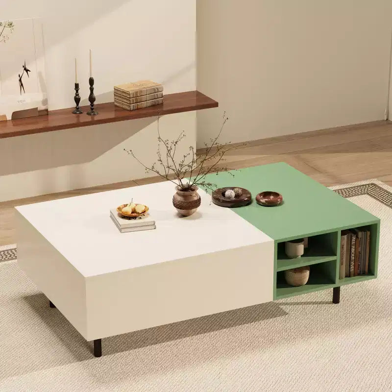Table basse moderne bicolore de 130 cm – Vert menthe et blanc, avec tiroirs et étagère ouverte