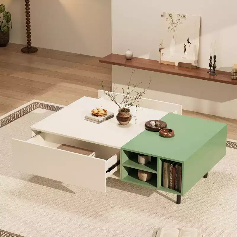 Table basse moderne bicolore de 130 cm – Vert menthe et blanc, avec tiroirs et étagère ouverte