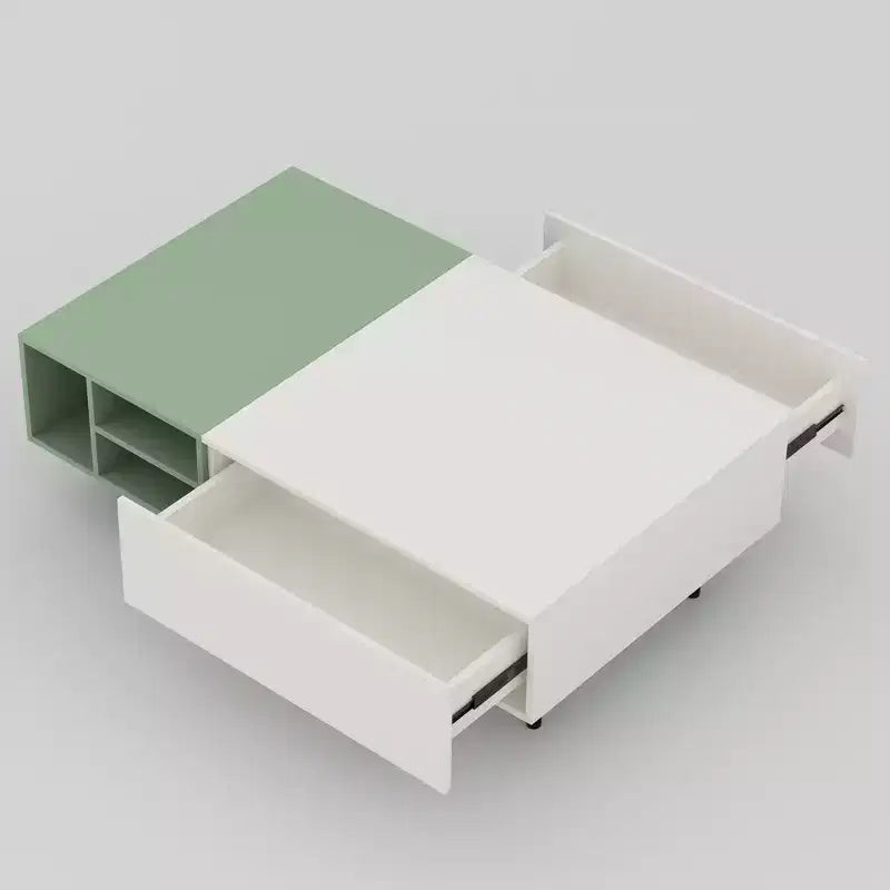 Table basse moderne bicolore de 130 cm – Vert menthe et blanc, avec tiroirs et étagère ouverte