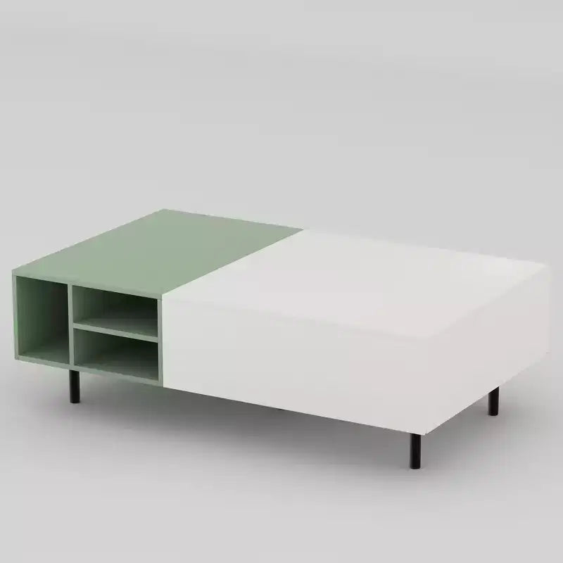 Table basse moderne bicolore de 130 cm – Vert menthe et blanc, avec tiroirs et étagère ouverte