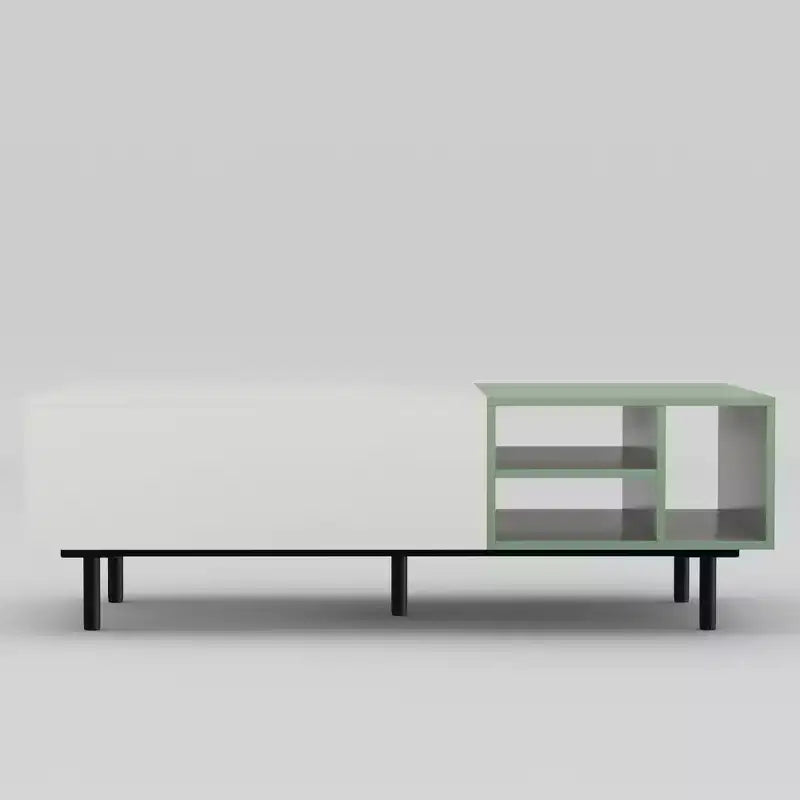 Table basse moderne bicolore de 130 cm – Vert menthe et blanc, avec tiroirs et étagère ouverte