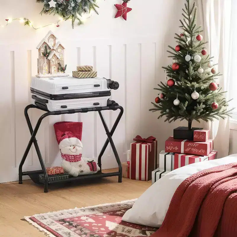 Porte-bagages pliant avec étagère en tissu – Capacité de 45 kg, noir