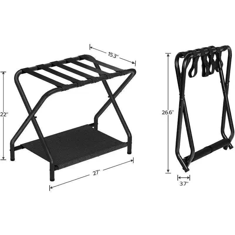 Porte-bagages pliant avec étagère en tissu – Capacité de 45 kg, noir