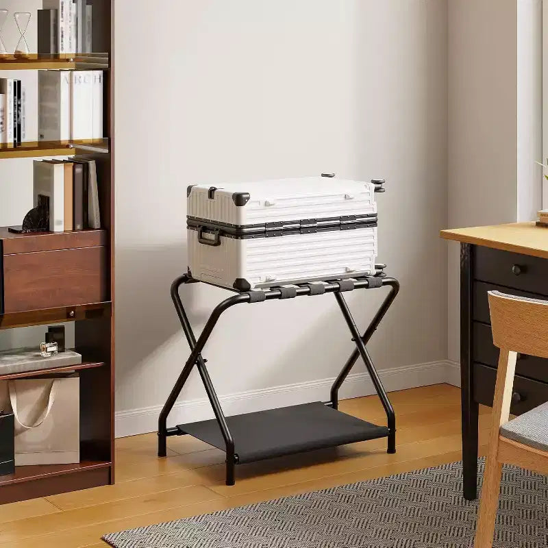 Porte-bagages pliant avec étagère en tissu – Capacité de 45 kg, noir