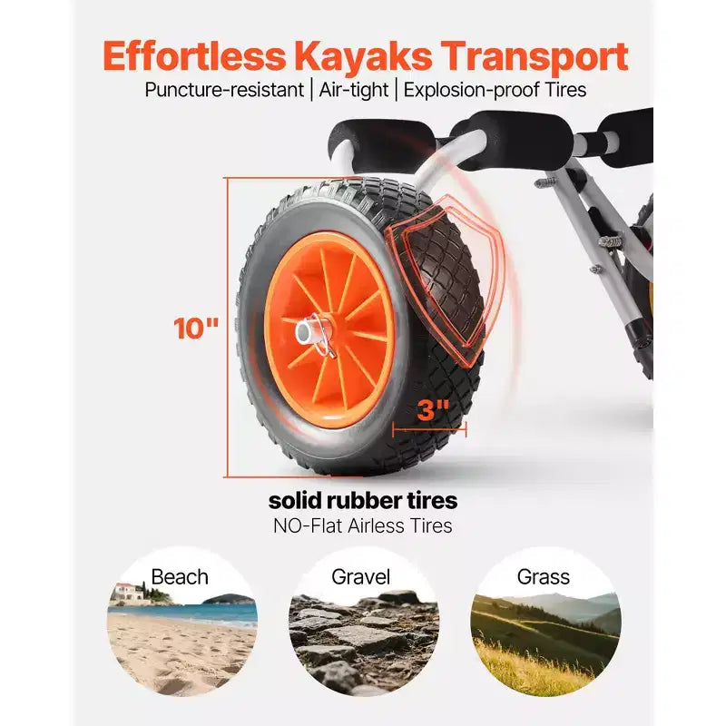Chariot de kayak pliable - Capacité de 200 lb, pneus en caoutchouc plein de 10 pouces avec sangle à cliquet