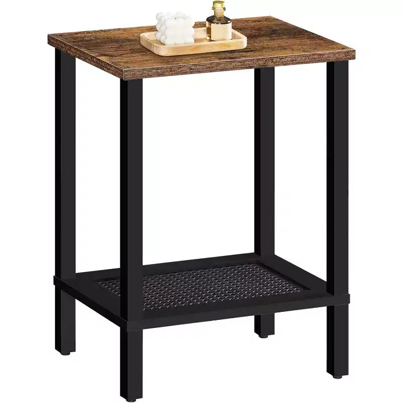 Petite table d'appoint à 2 niveaux avec décoration en rotin synthétique - Marron rustique et noir