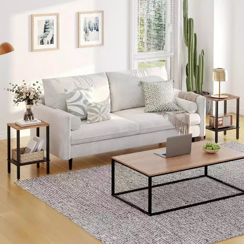 Petite table d'appoint à 2 niveaux avec décoration en rotin synthétique - Marron rustique et noir