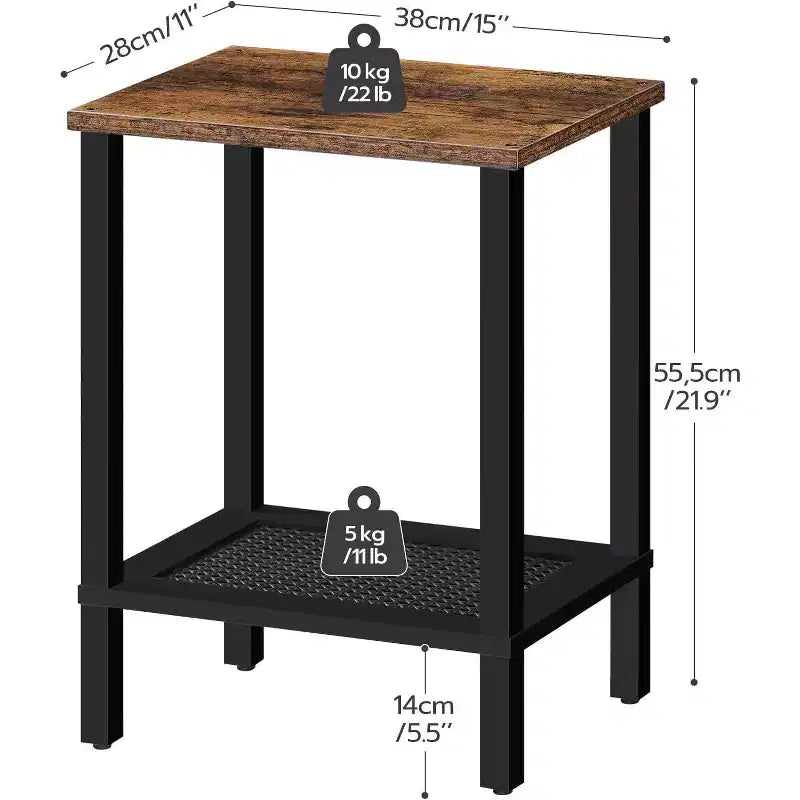 Petite table d'appoint à 2 niveaux avec décoration en rotin synthétique - Marron rustique et noir