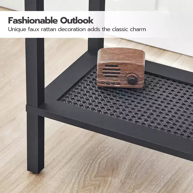 Petite table d'appoint à 2 niveaux avec décoration en rotin synthétique - Marron rustique et noir