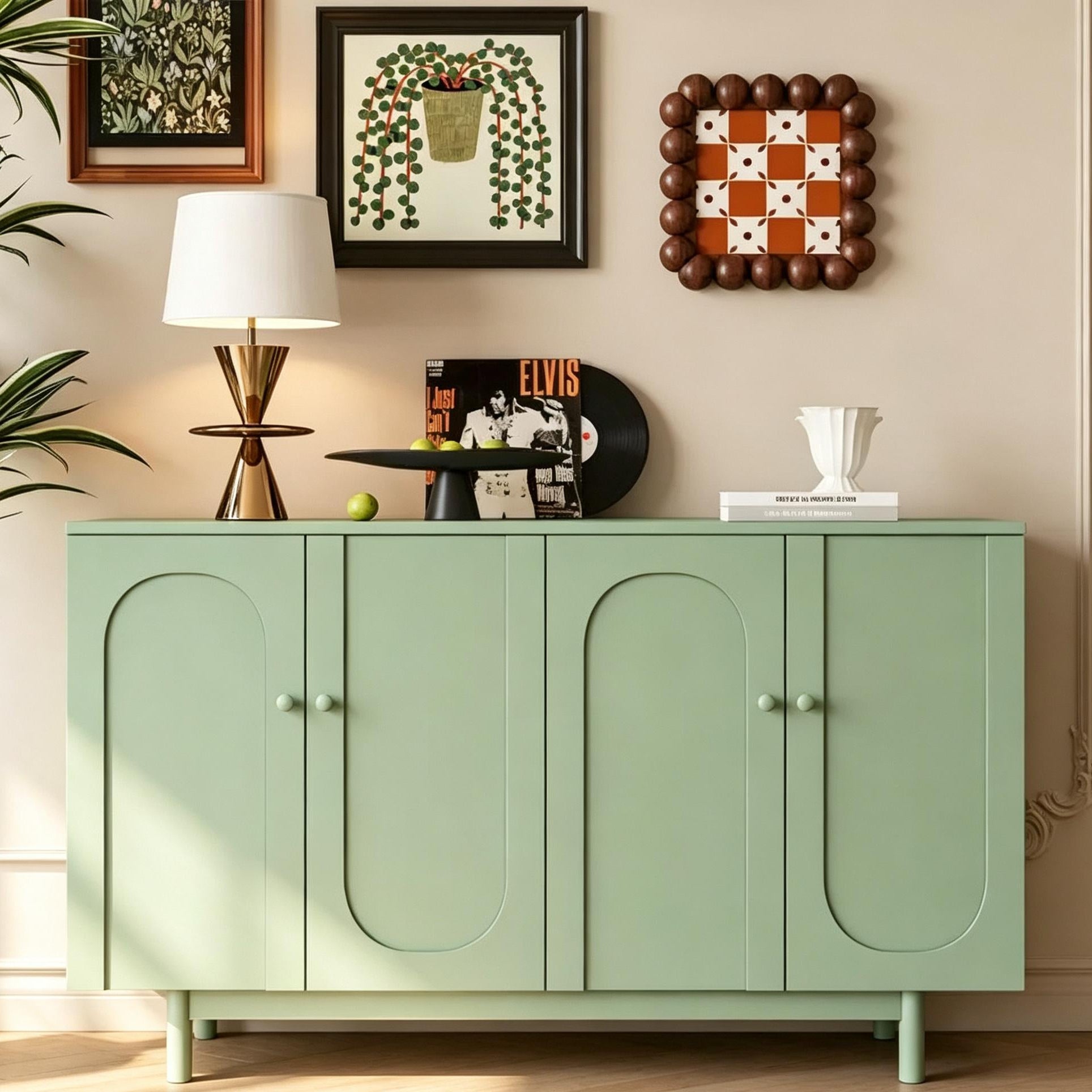 Buffet de rangement à 4 portes de 150 cm avec portes intaglio - Blanc/Vert menthe