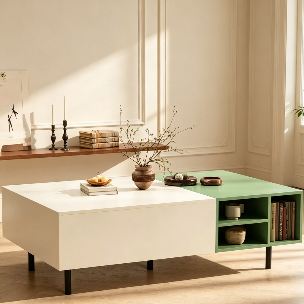 Table basse moderne bicolore de 130 cm – Vert menthe et blanc, avec tiroirs et étagère ouverte